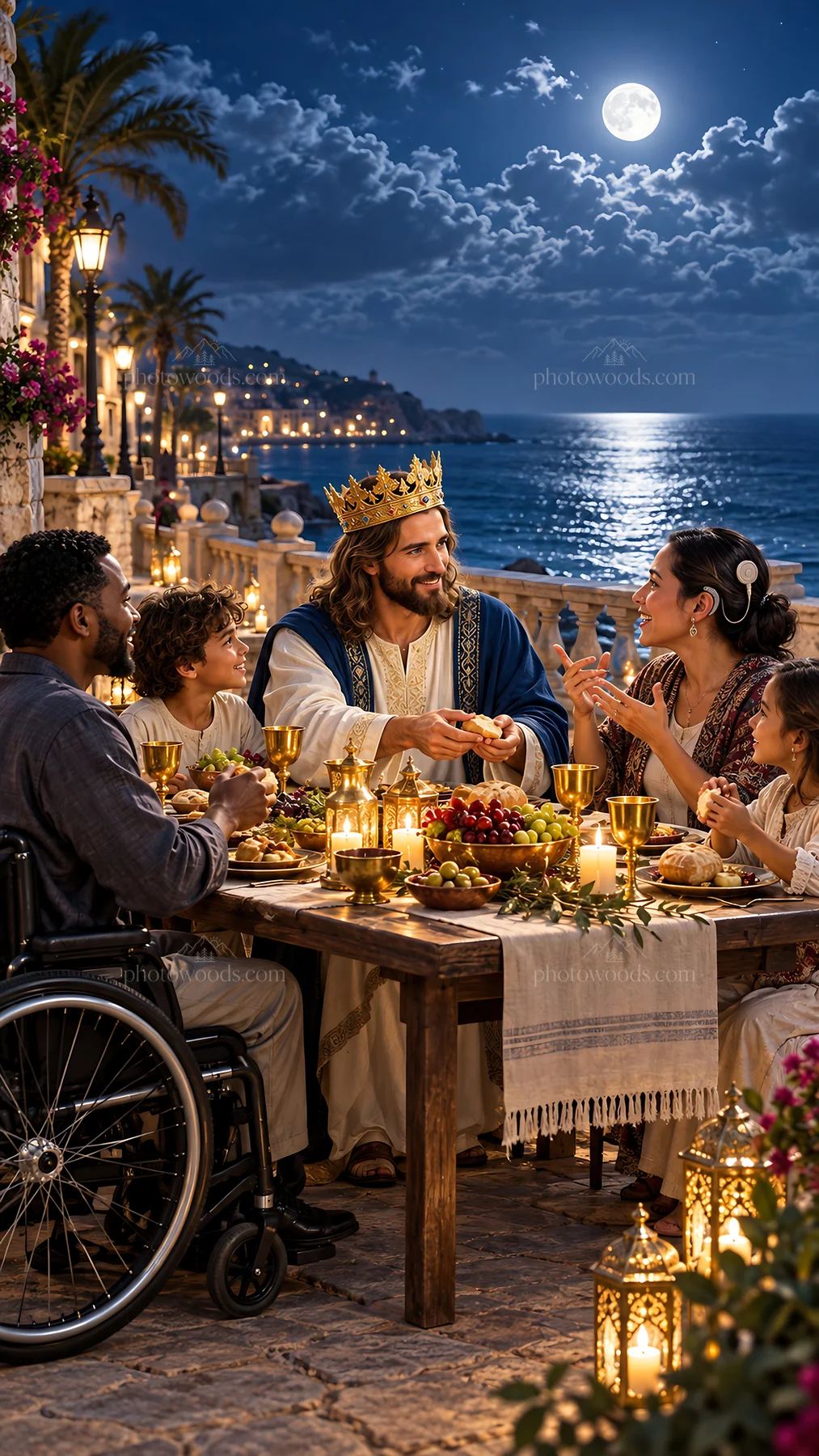 Jesus Christ sharing a meal with friends by the sea - AI-generated stock image
