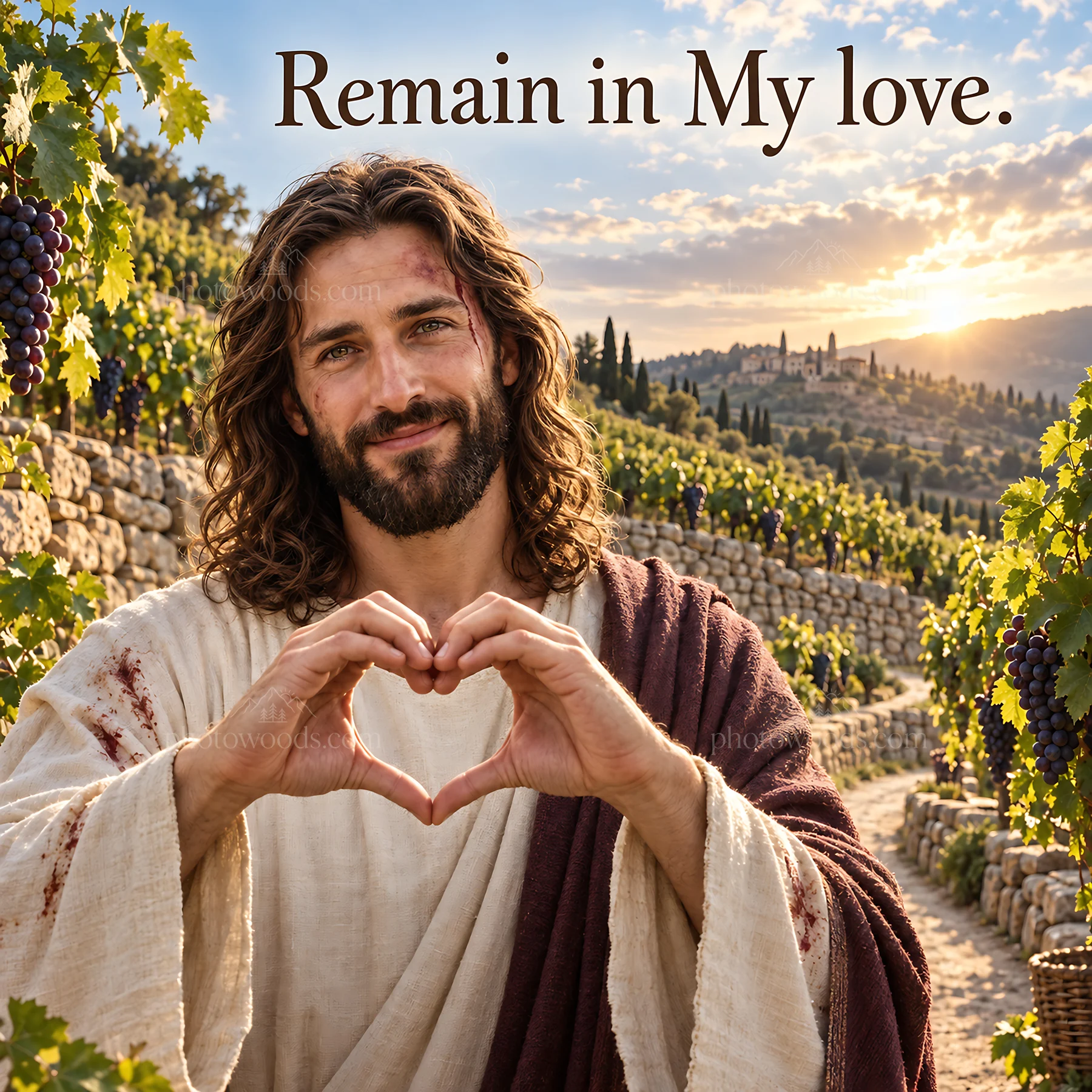 Jesus Christ making a heart shape with his hands in a vineyard - AI-generated stock image