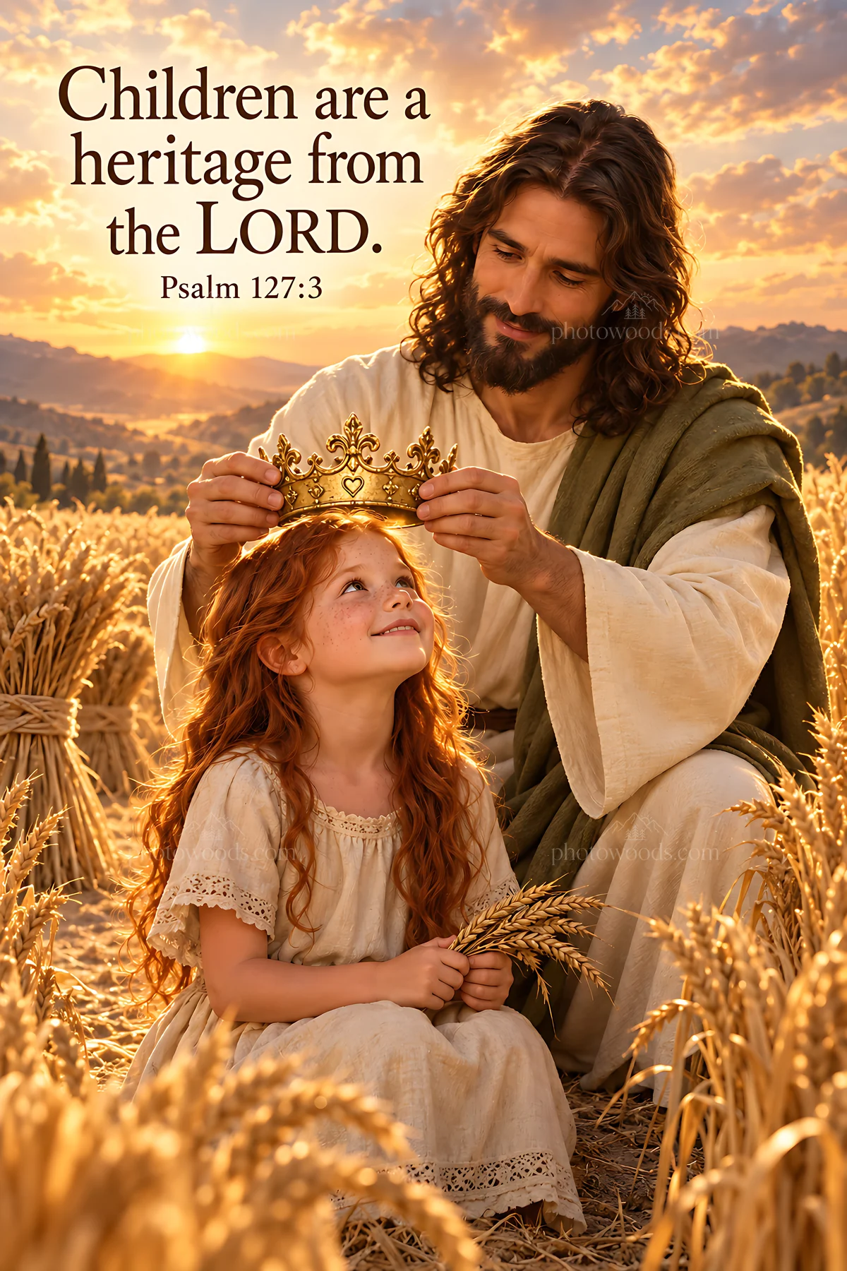 Children receiving a crown in a wheat field - AI-generated stock image