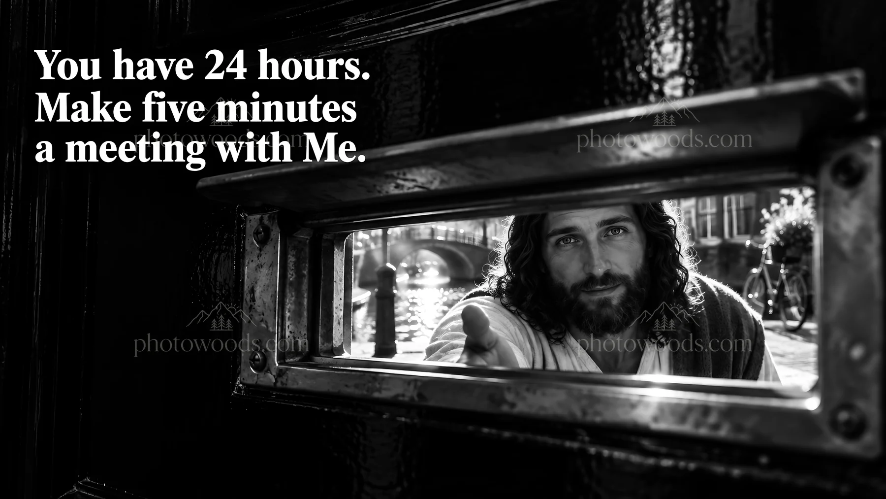 Jesus Christ invites the viewer for a meeting through a door - AI-generated stock image