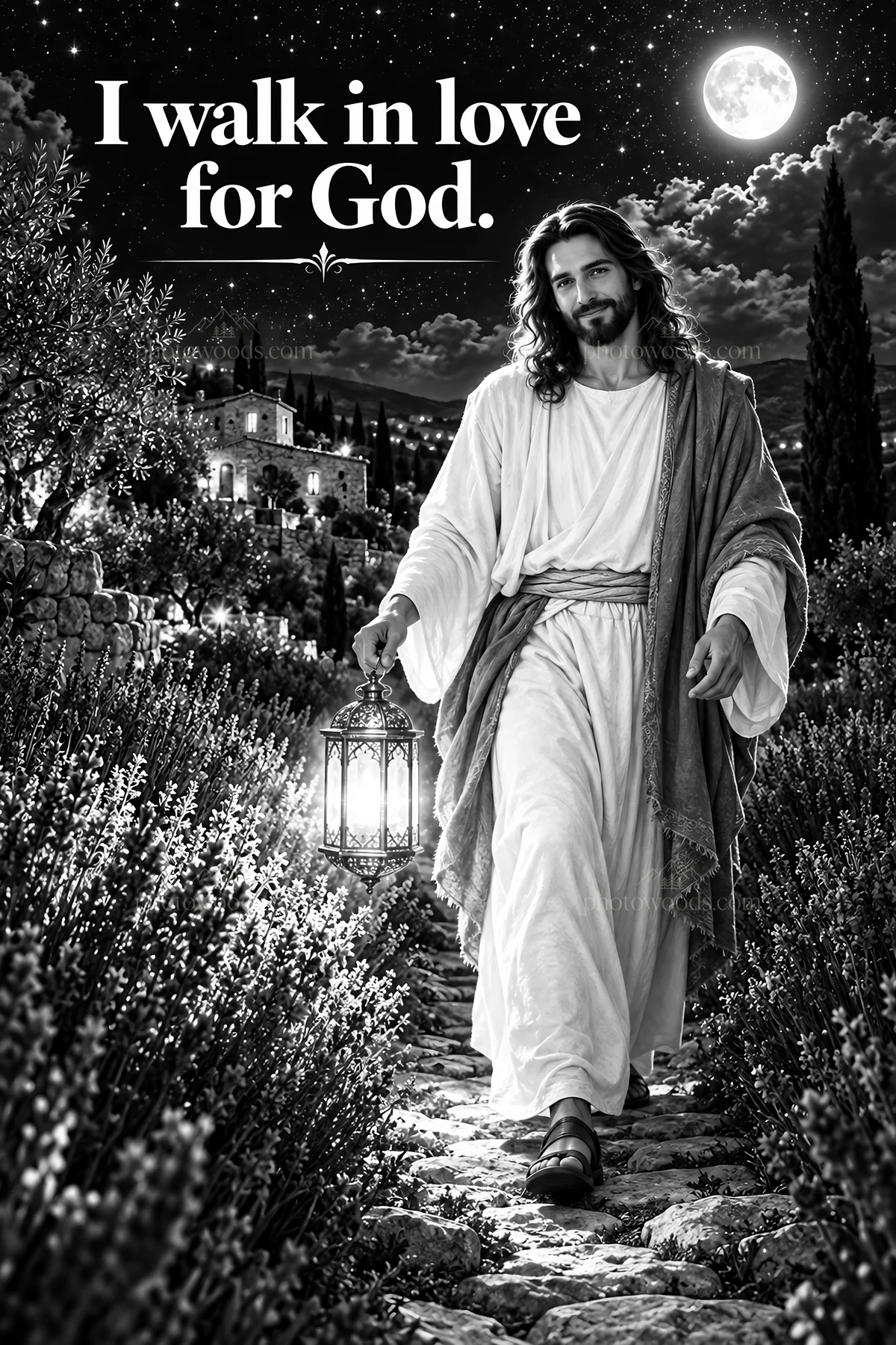 Jesus Christ walking in love for God with lantern at night - AI-generated stock image