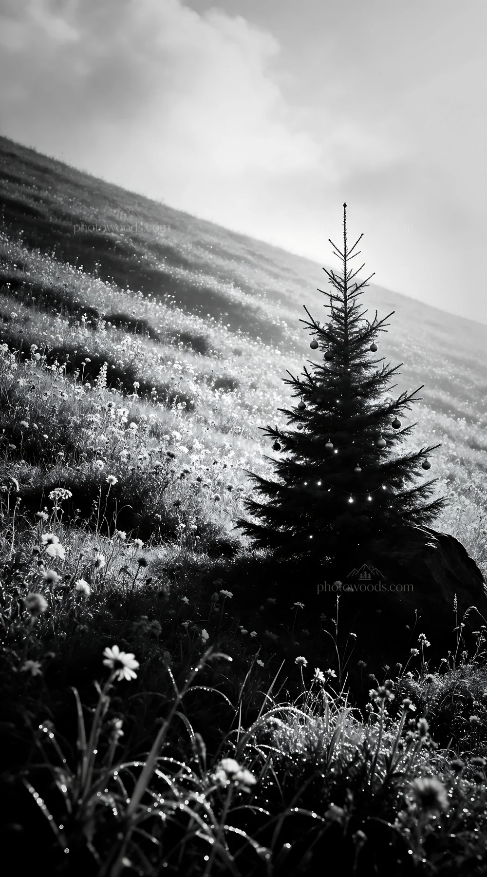 Vibrant Christmas tree in misty meadow at dawn - AI-generated stock image