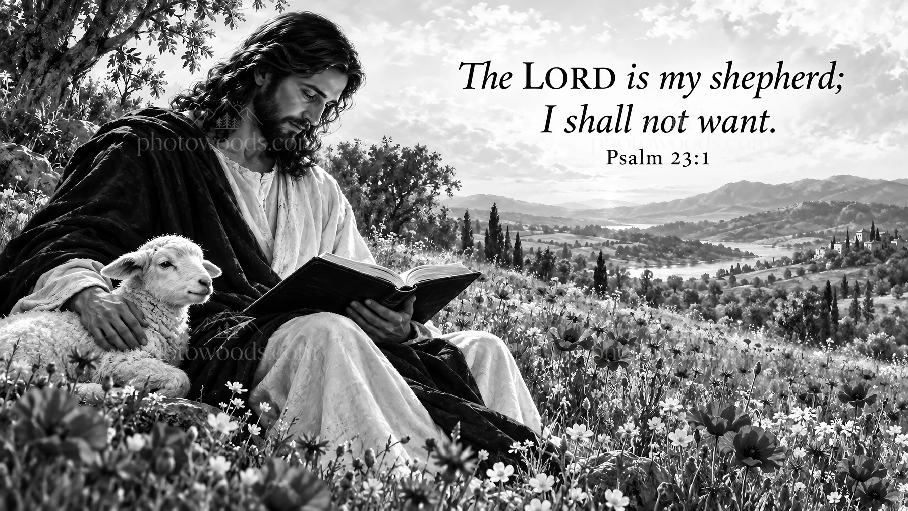 Jesus Christ reading scripture in a pastoral scene - AI-generated stock image