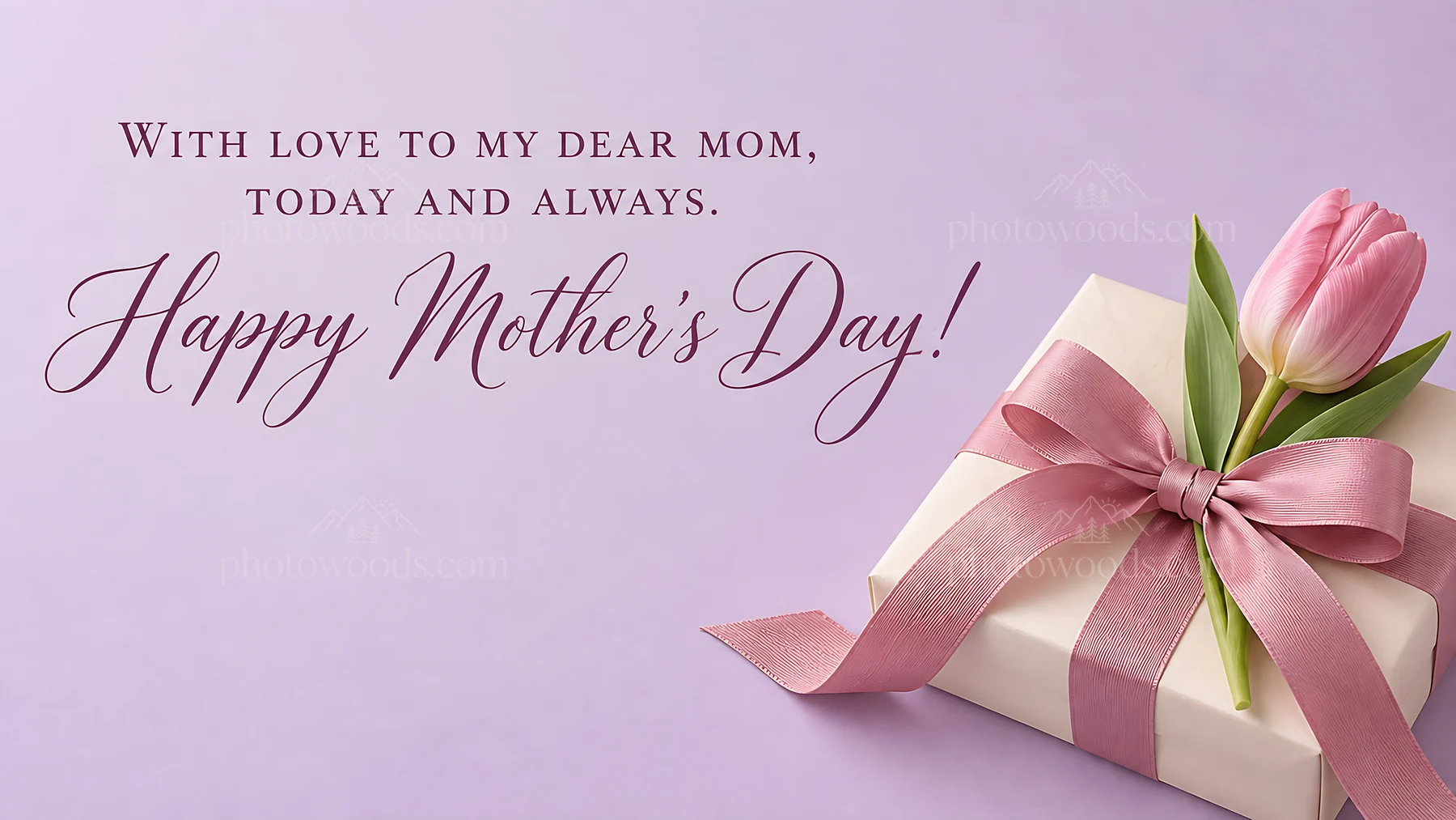 Mother's Day Greeting with a Gift and Pink Tulip - AI-generated stock image