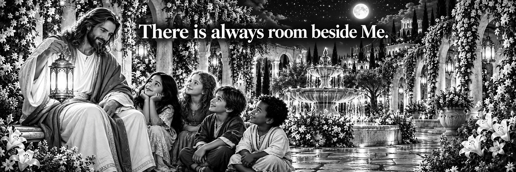 Jesus Christ welcomes children in a garden setting - AI-generated stock image