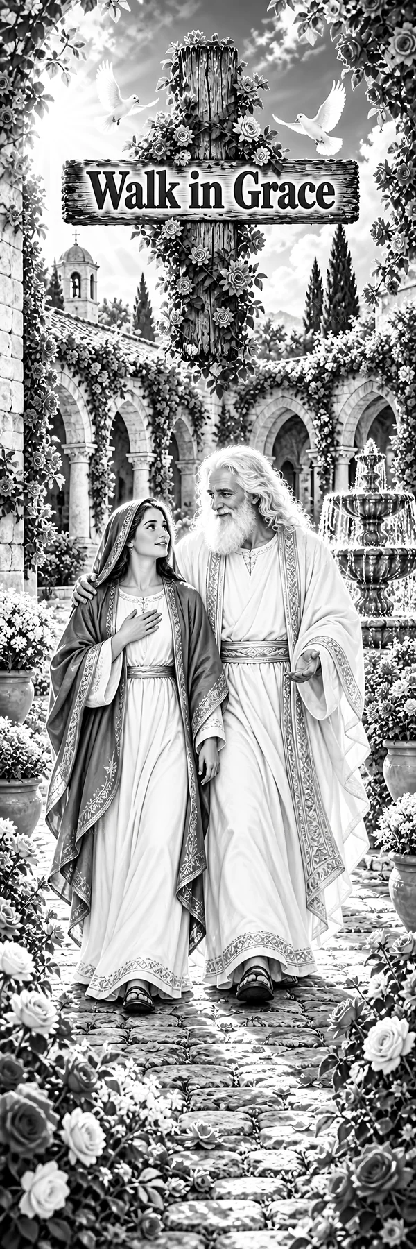 Jesus Christ walking with a woman in a garden setting - AI-generated stock image