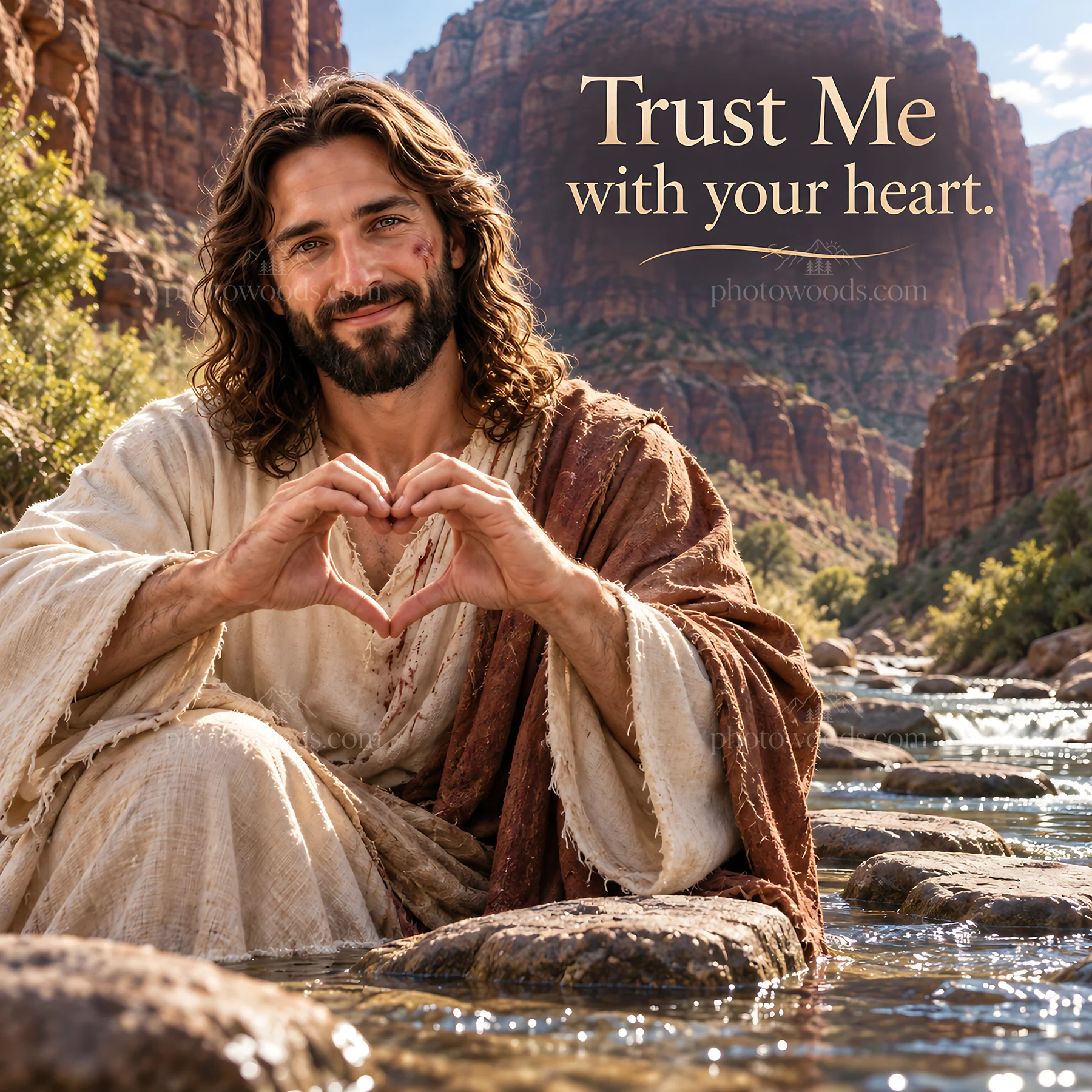 Jesus Christ sharing a heart gesture in a scenic river setting - AI-generated stock image