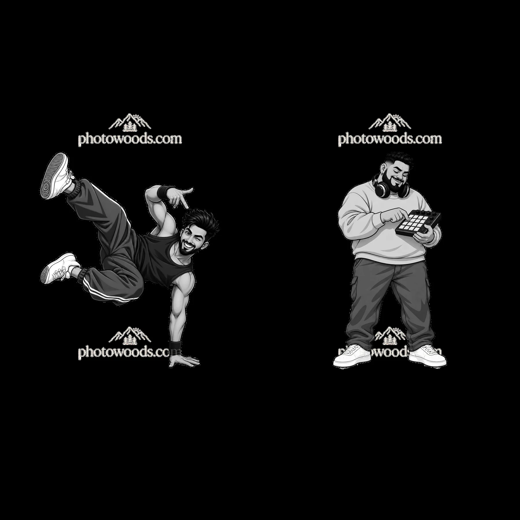 Hip-hop artists breakdancing and producing music in a monochrome style - AI-generated stock image