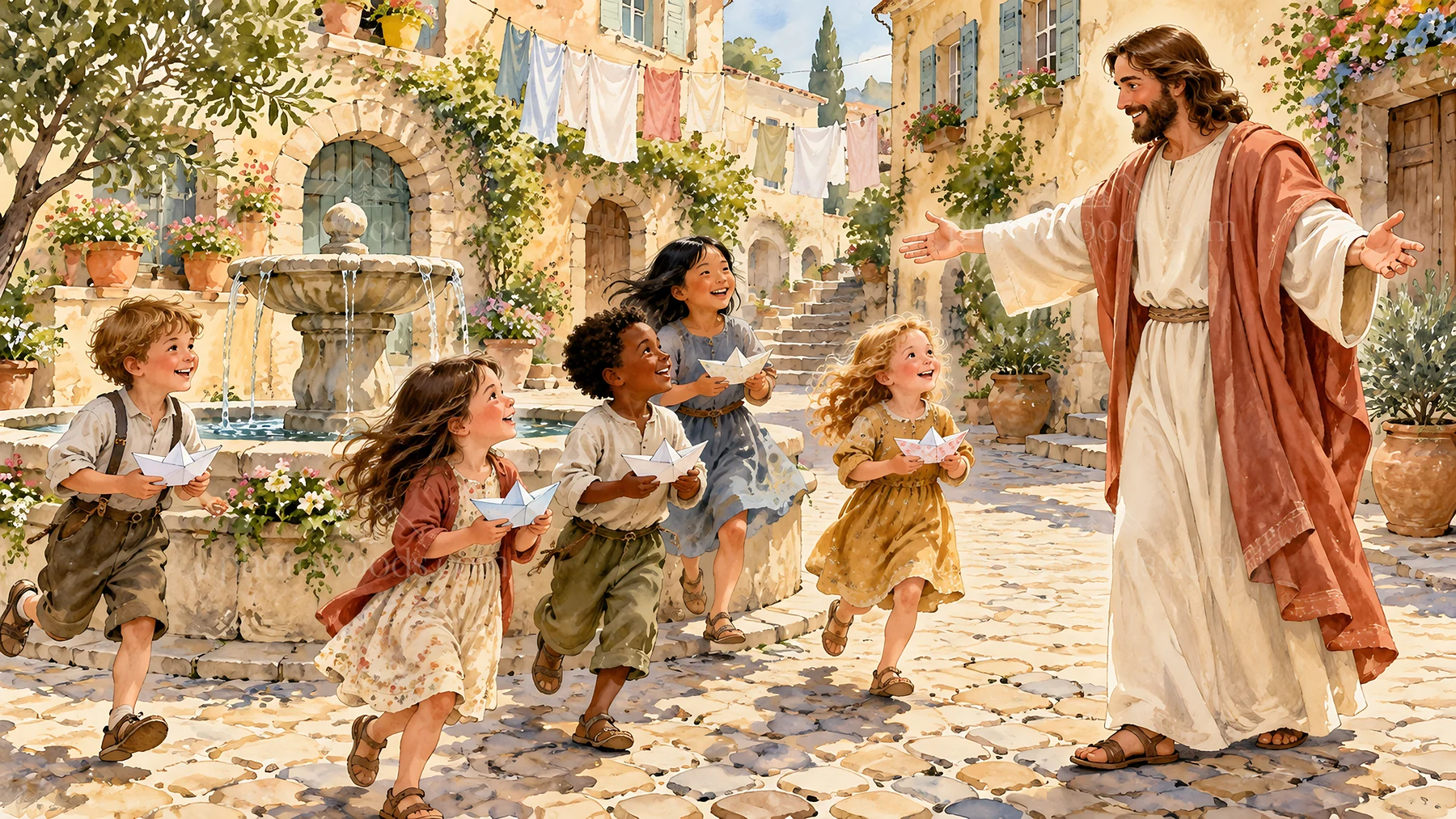 Jesus Christ welcoming children in a joyful scene - AI-generated stock image