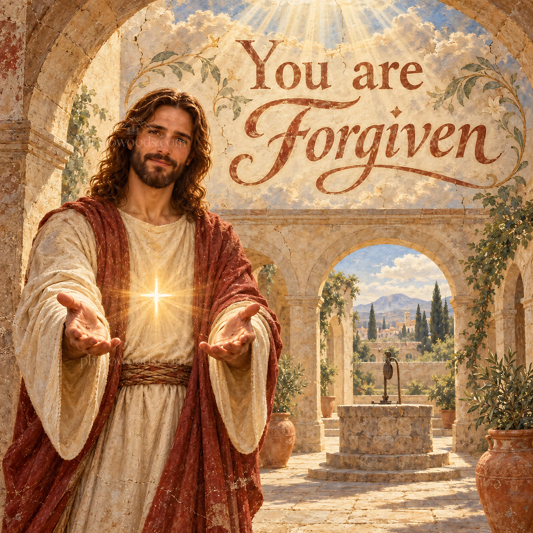 Jesus Christ welcoming with a message of forgiveness - AI-generated stock image