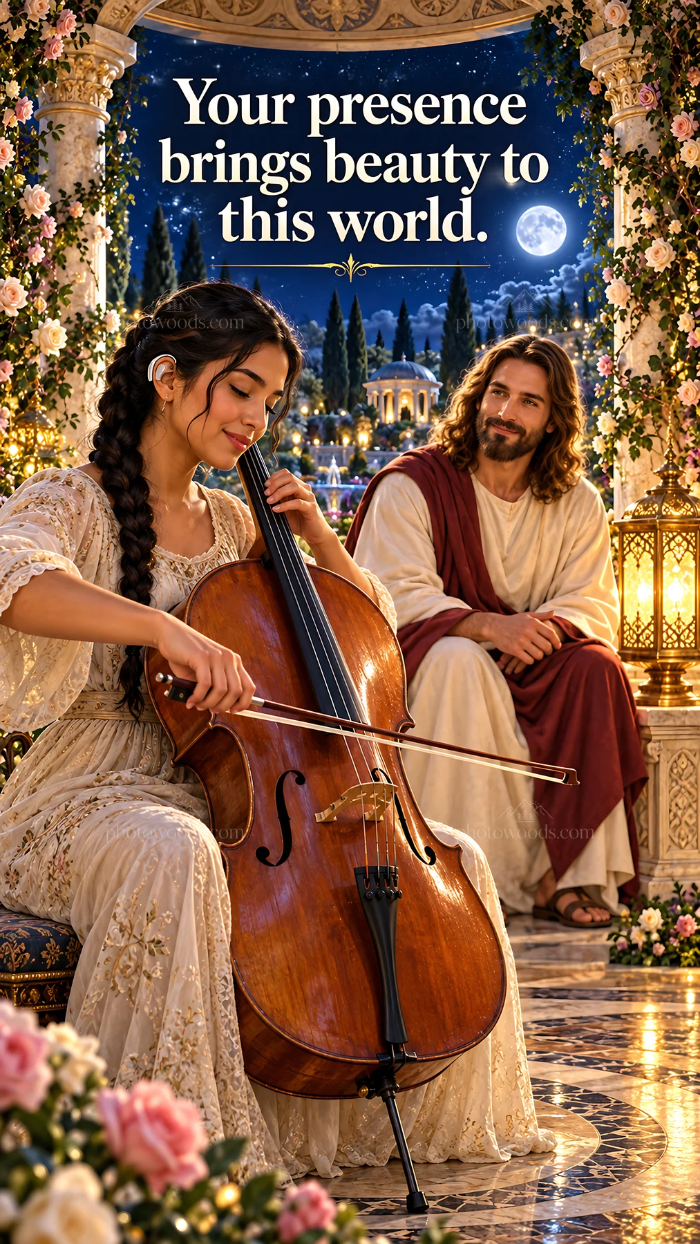 Jesus Christ listening to a woman playing cello in a garden - AI-generated stock image