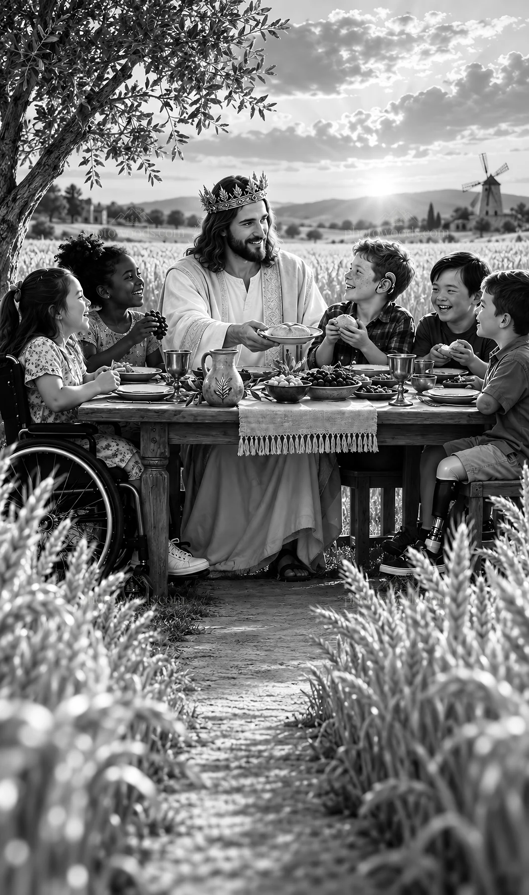 Jesus Christ sharing a meal with children in a wheat field - AI-generated stock image