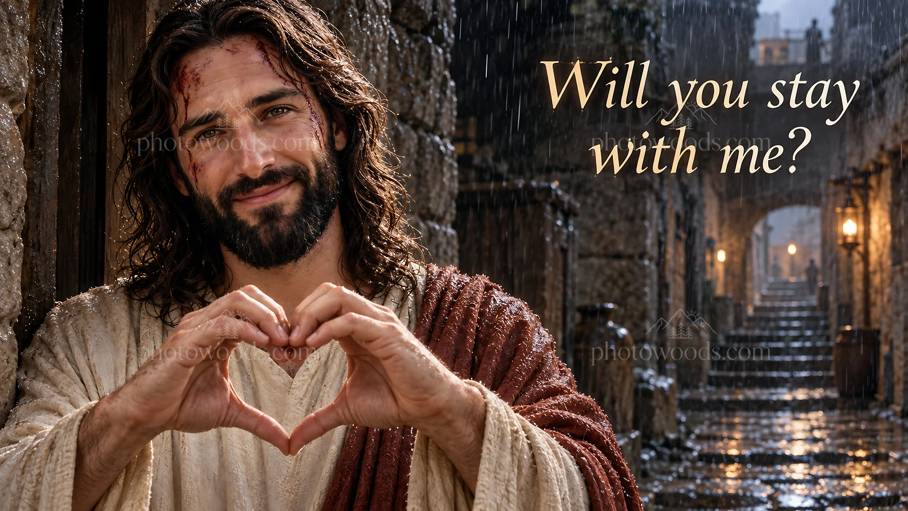 Jesus Christ asking, will you stay with me in a rain-soaked street - AI-generated stock image
