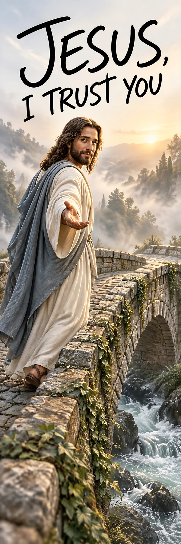 Jesus Christ standing on a bridge reaching out with open hands - AI-generated stock image