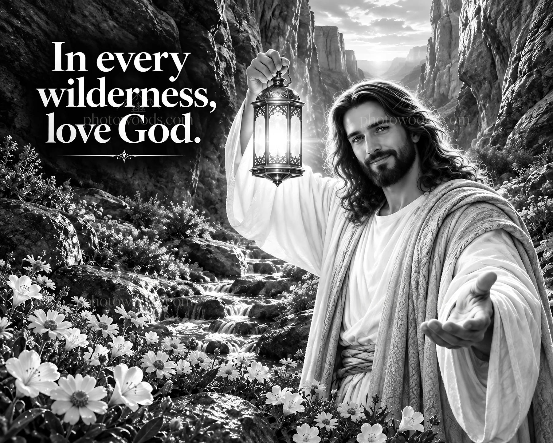 Jesus Christ holding a lantern in a wilderness scene - AI-generated stock image