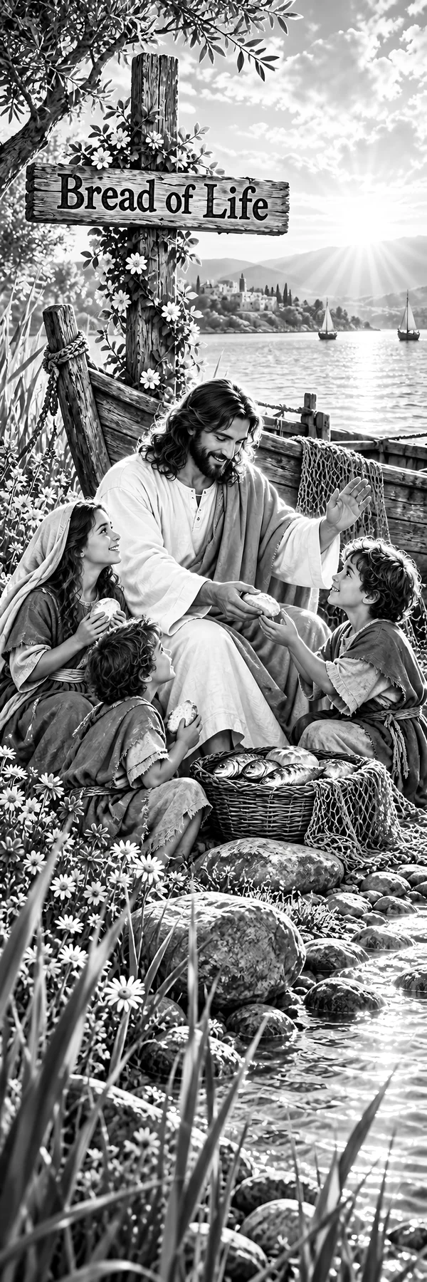 Jesus Christ sharing bread with children by the sea - AI-generated stock image