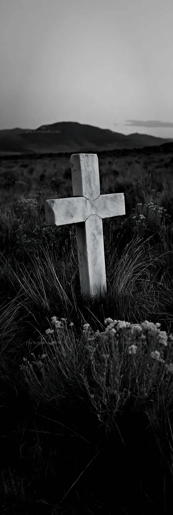 White Christian cross in remote meadow during dusk - AI-generated stock image