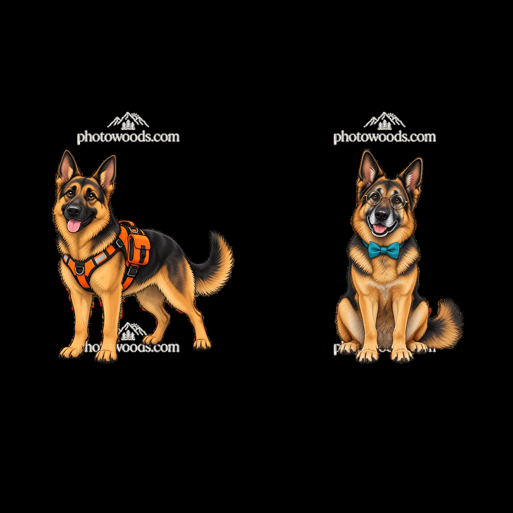 German Shepherd dogs with harness and bow tie in vibrant colors - AI-generated stock image