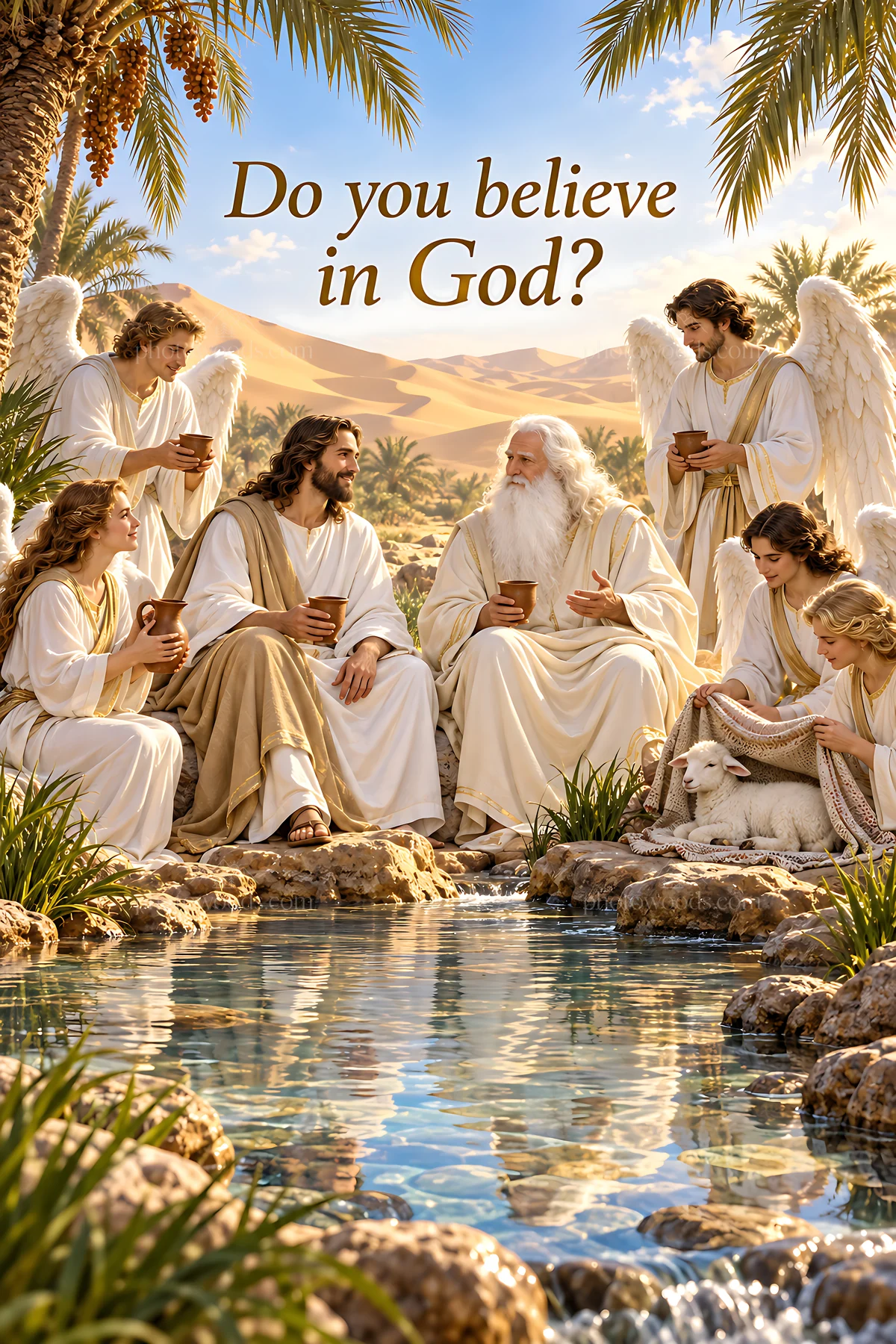 Gathering in the desert by the water - AI-generated stock image