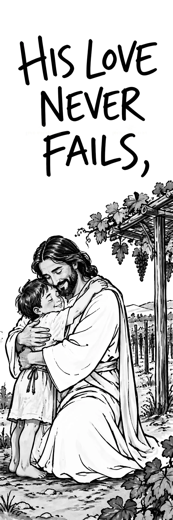 Jesus Christ comforting a child in a vineyard scene - AI-generated stock image