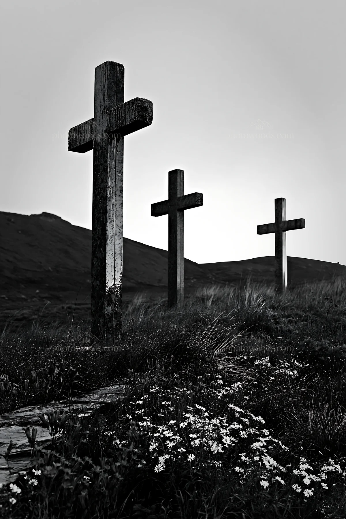 Christian crosses in a rain soaked meadow with flowers - AI-generated stock image
