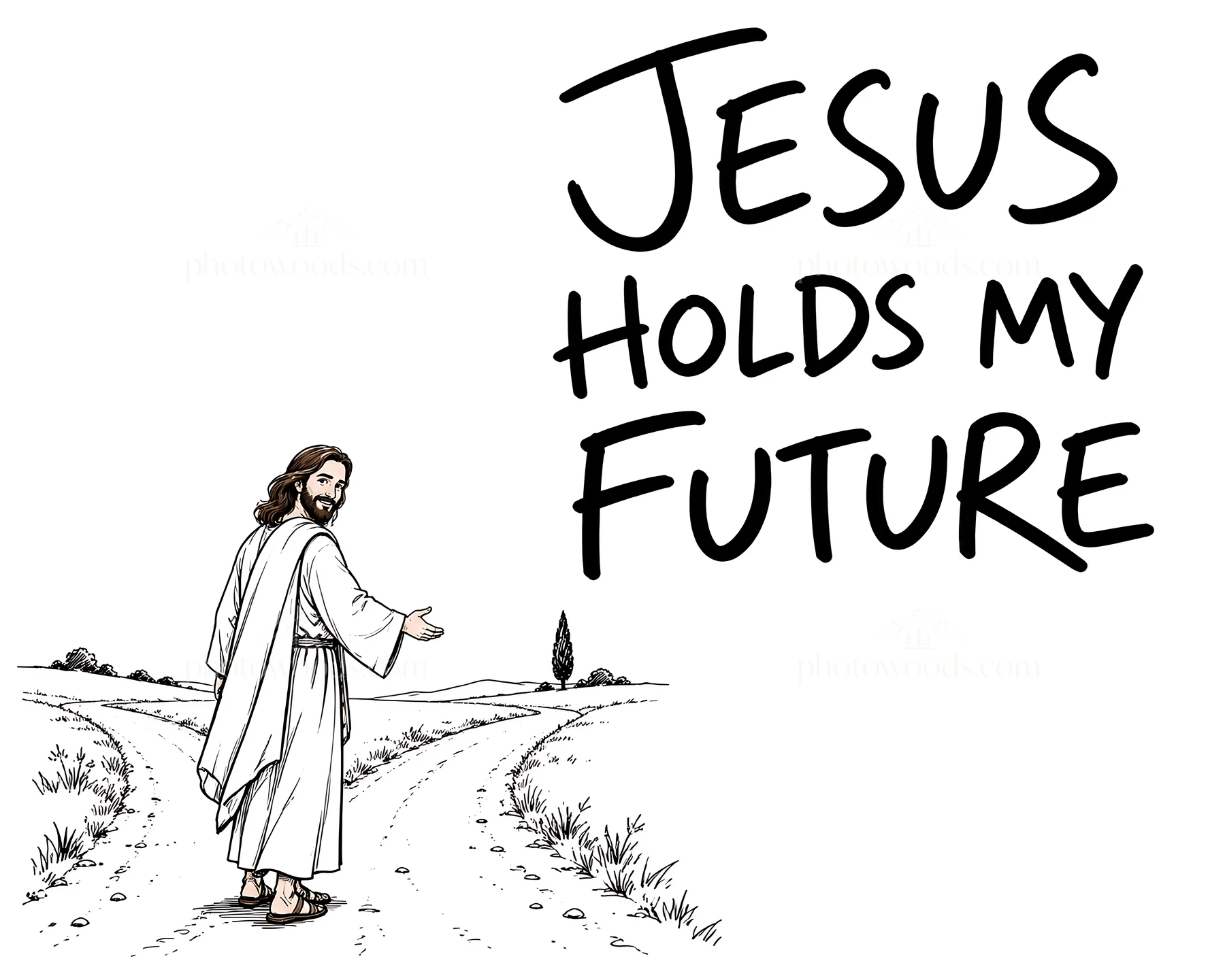 Jesus Christ walks along a path sharing hope with viewers - AI-generated stock image