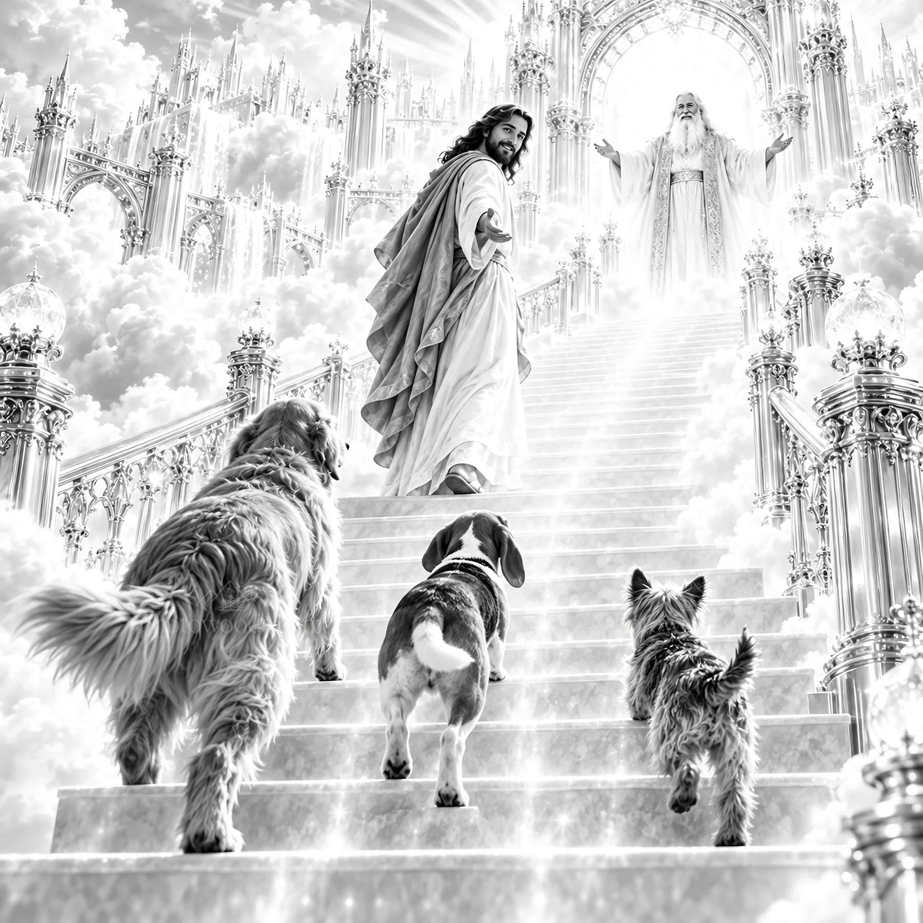 Jesus Christ guiding dogs up the stairs to heaven - AI-generated stock image