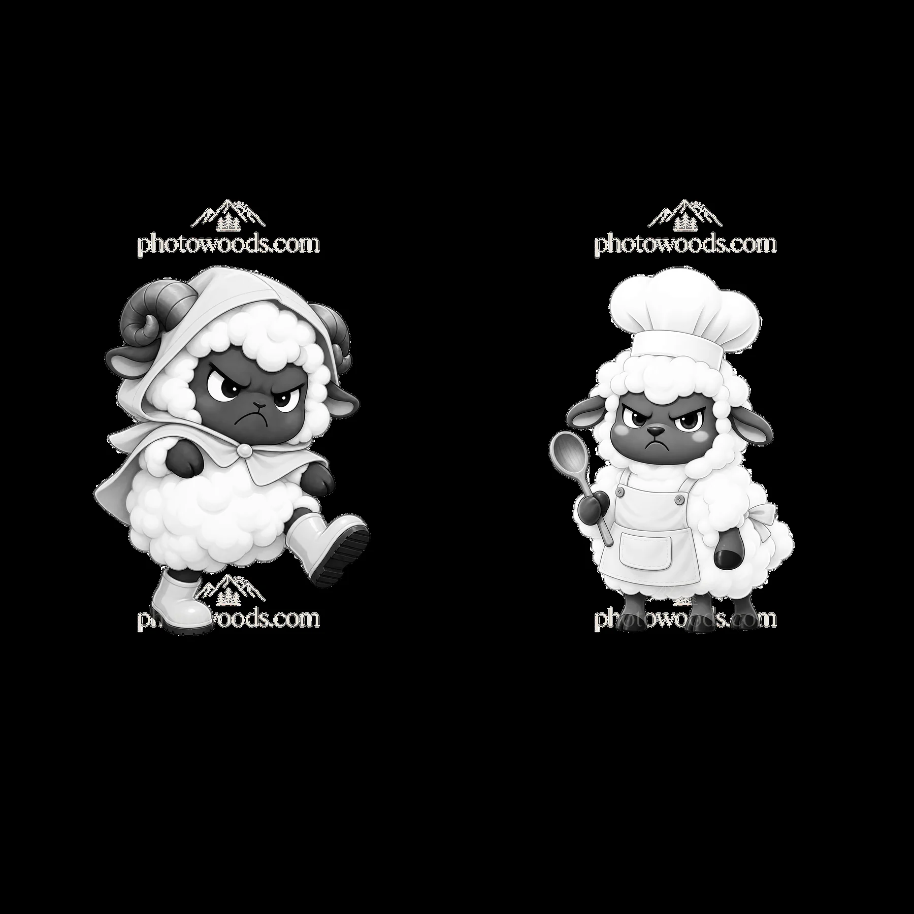 Grumpy sheep characters in playful chef and walking poses - AI-generated stock image