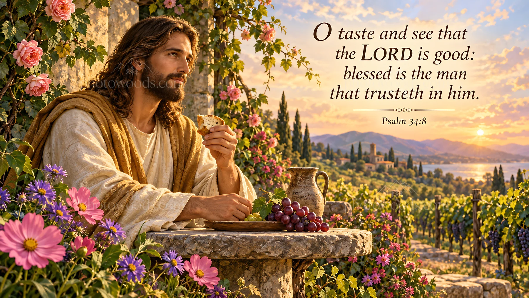 Jesus Christ sharing a meal with a welcoming gesture - AI-generated stock image