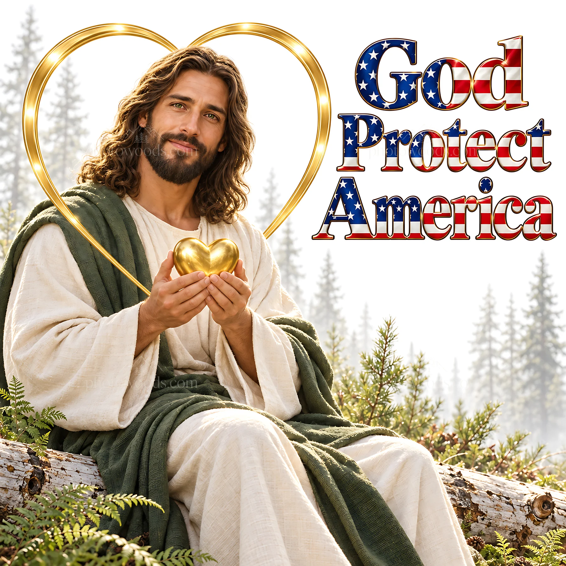 Jesus Christ holding a heart in a natural setting - AI-generated stock image
