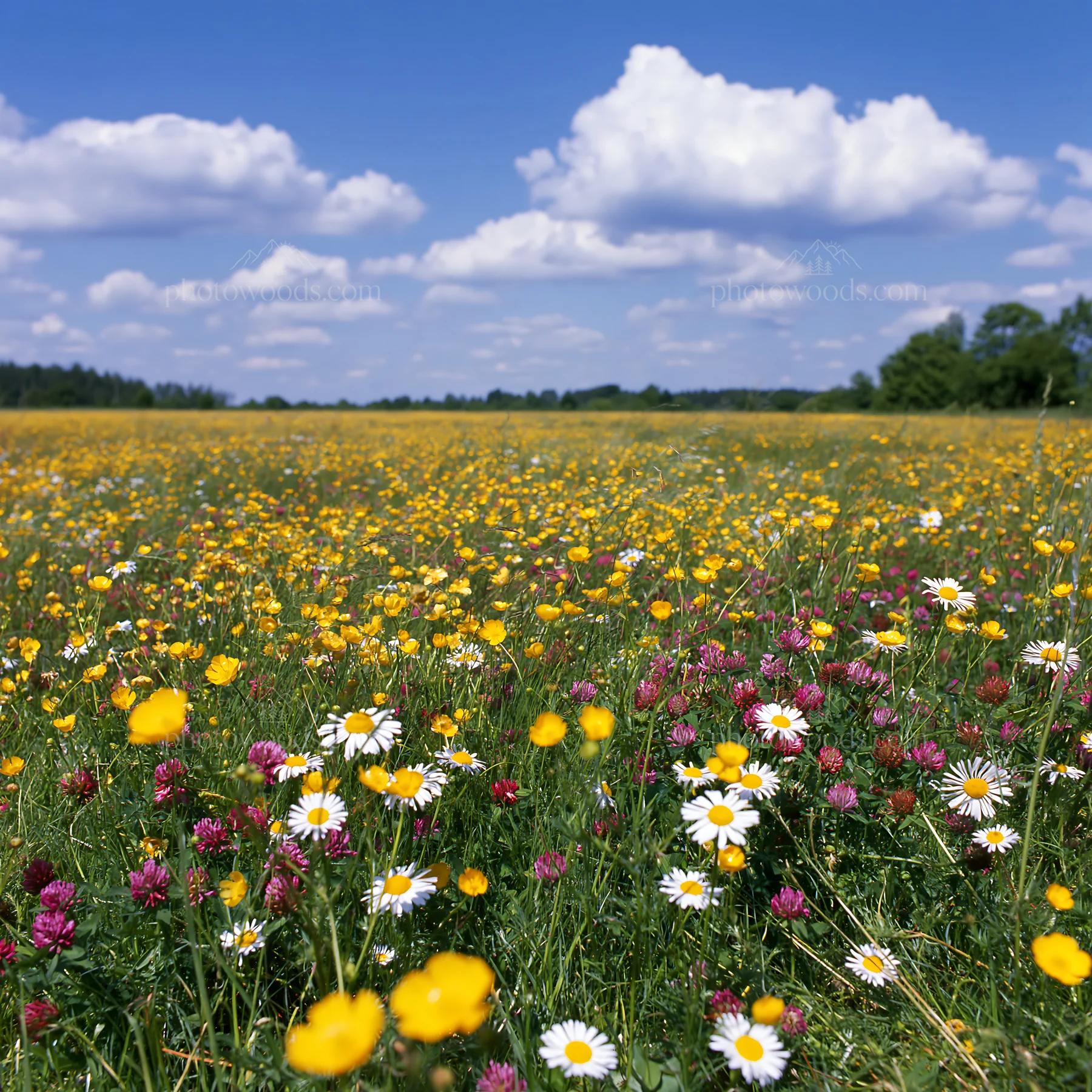 Colorful buttercup meadow with daisies and clover blooms - AI-generated stock image