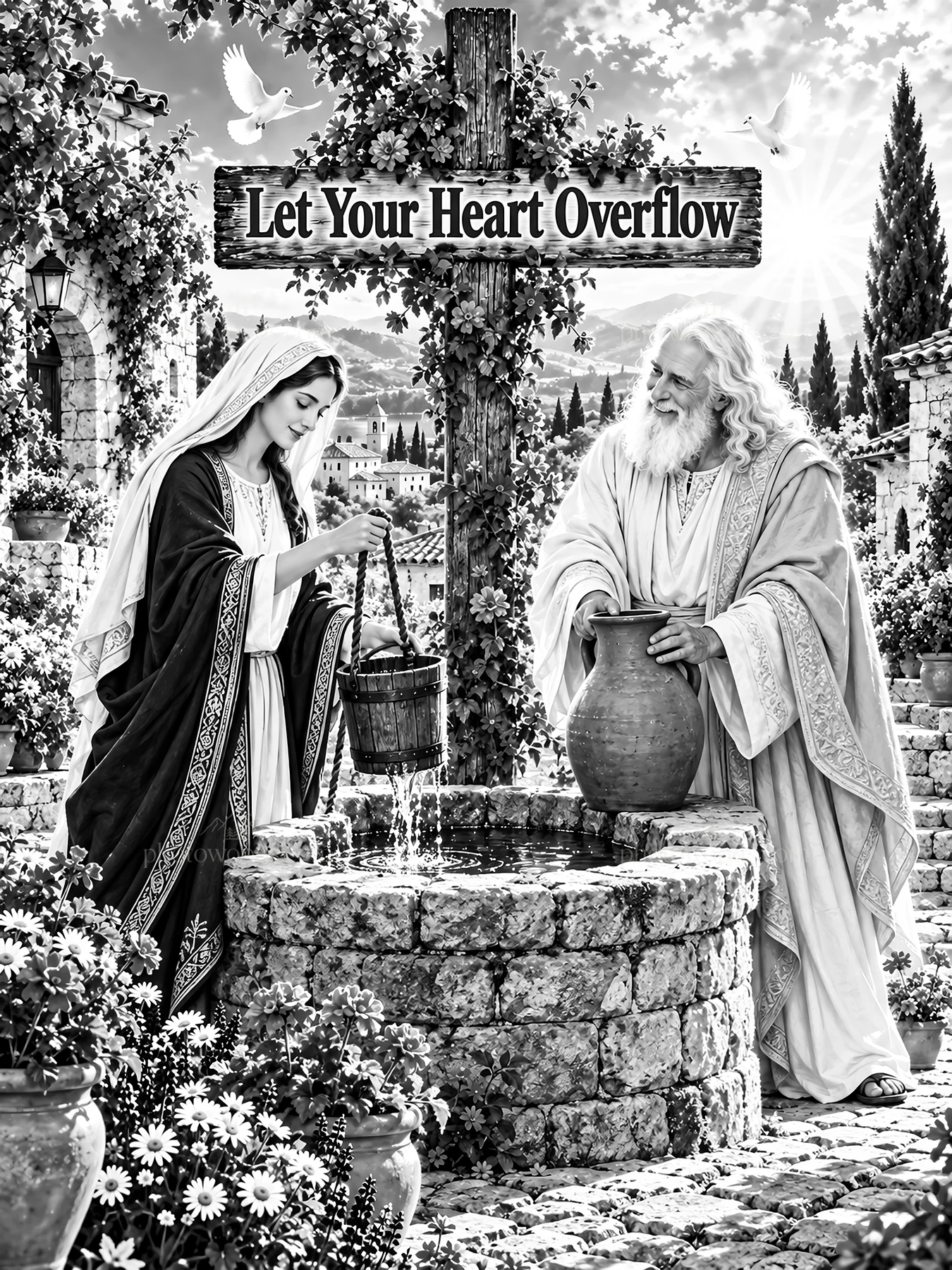 Jesus Christ and the woman at the well sharing a moment - AI-generated stock image