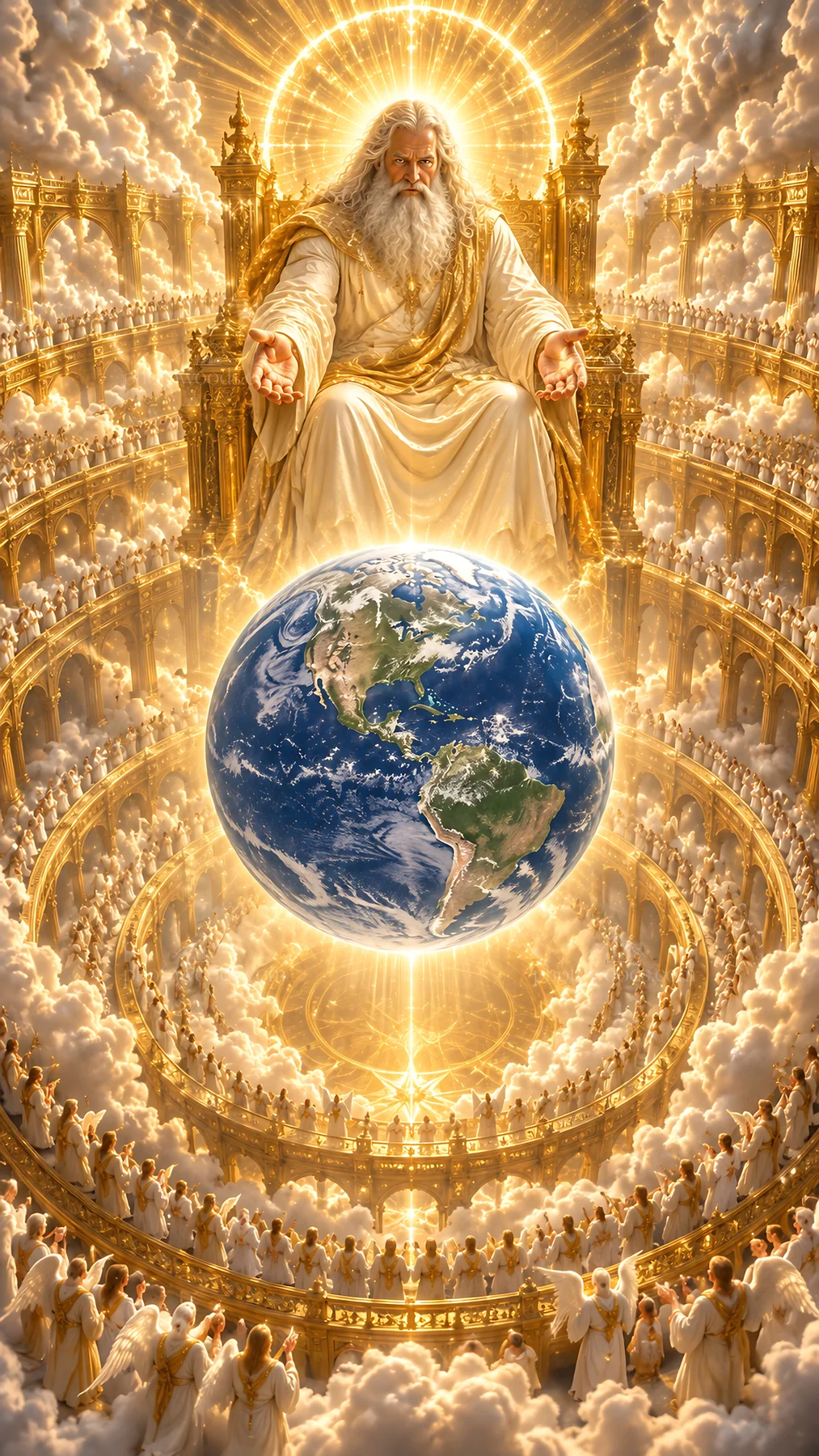 Jesus Christ in a divine setting with the world below - AI-generated stock image