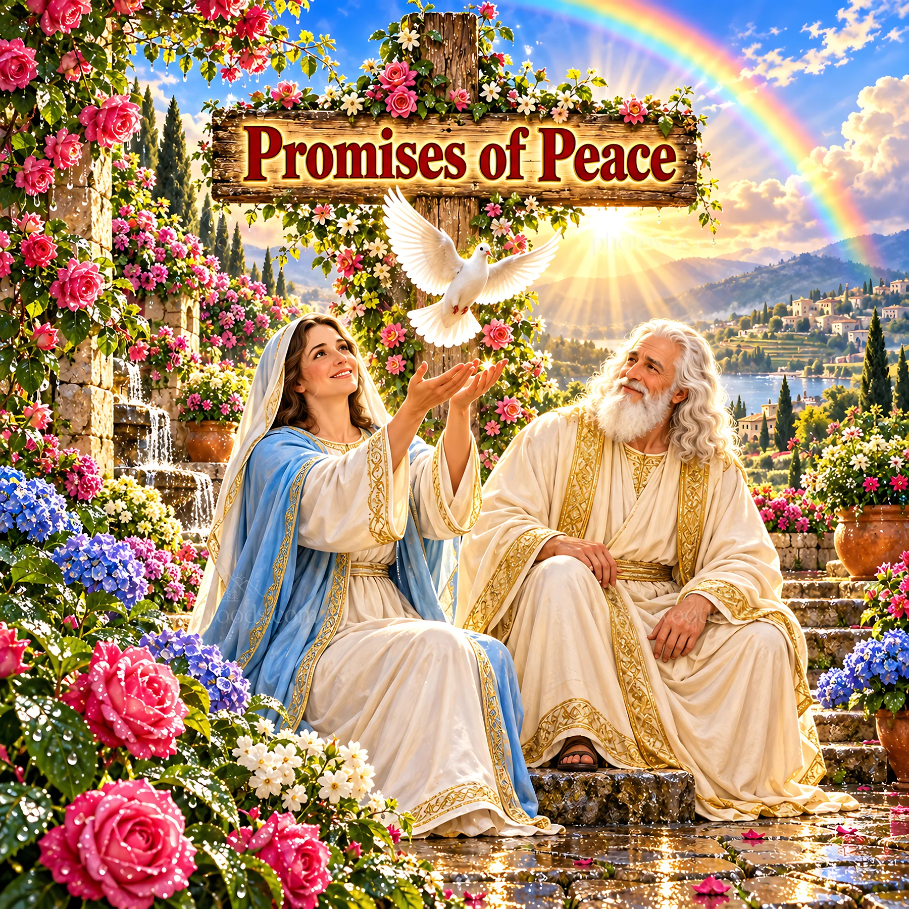 Jesus Christ with Mary and a dove in a garden - AI-generated stock image