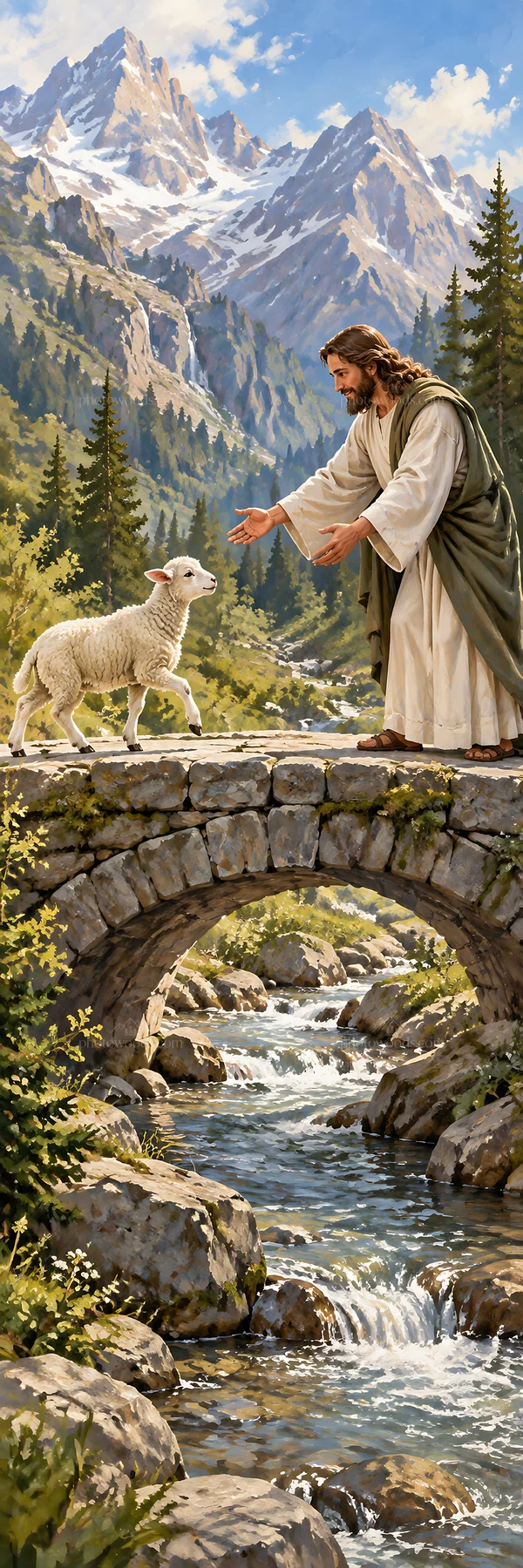 Jesus Christ reaching out to a sheep on a stone bridge - AI-generated stock image
