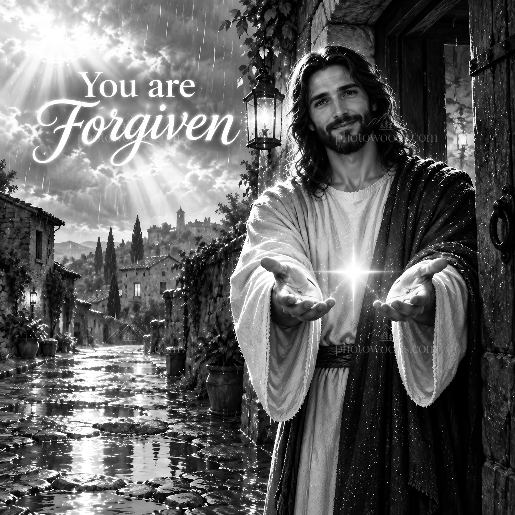 Jesus Christ offering forgiveness with open hands - AI-generated stock image