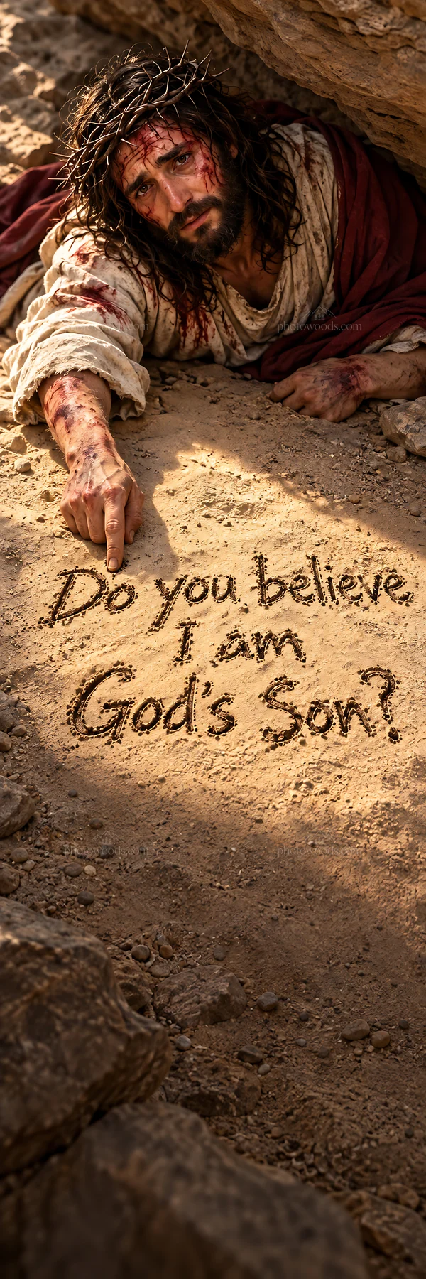 Jesus Christ pointing to the ground and asking about belief - AI-generated stock image