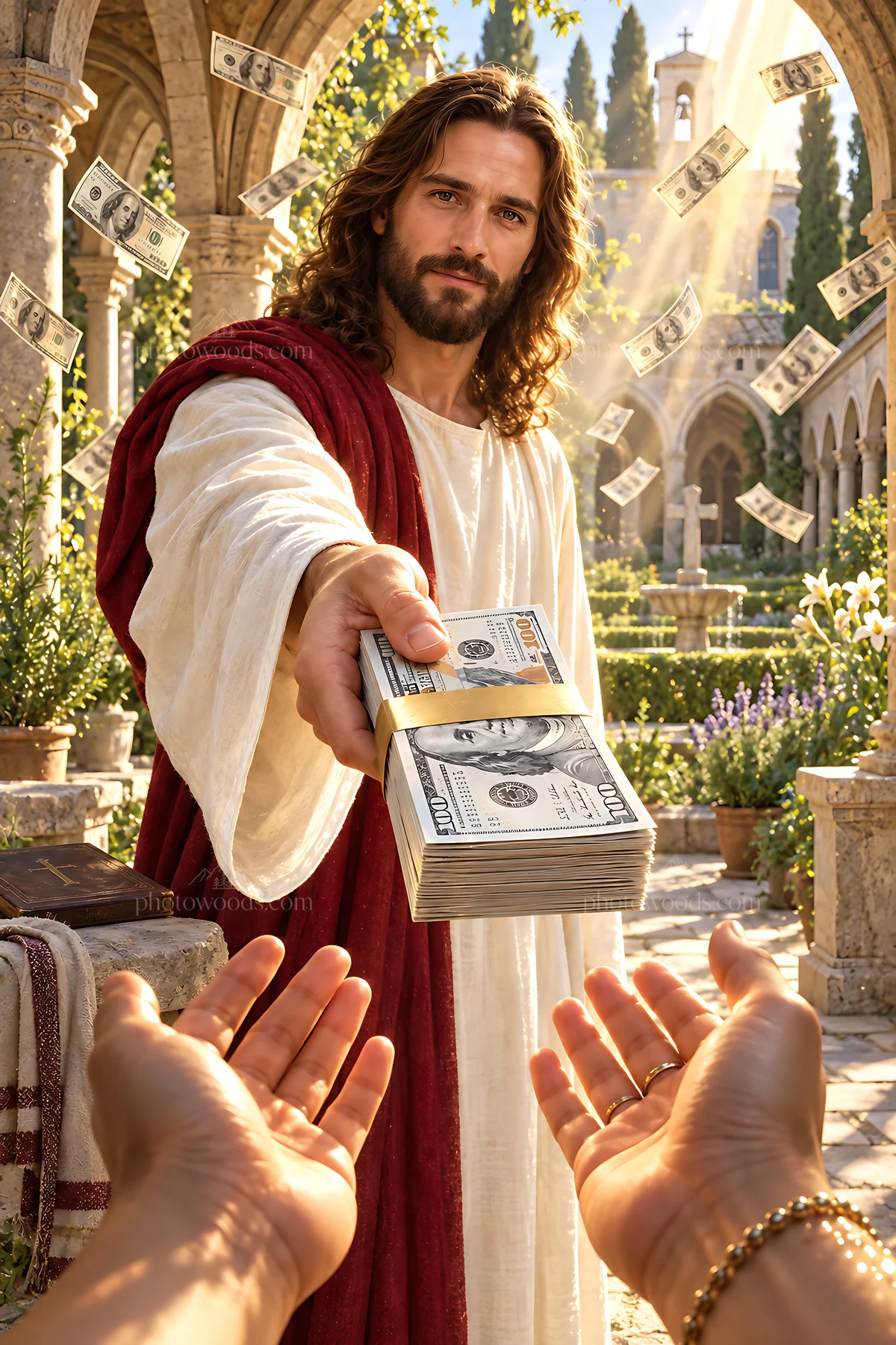 Man in white robe hands money in garden setting - AI-generated stock image