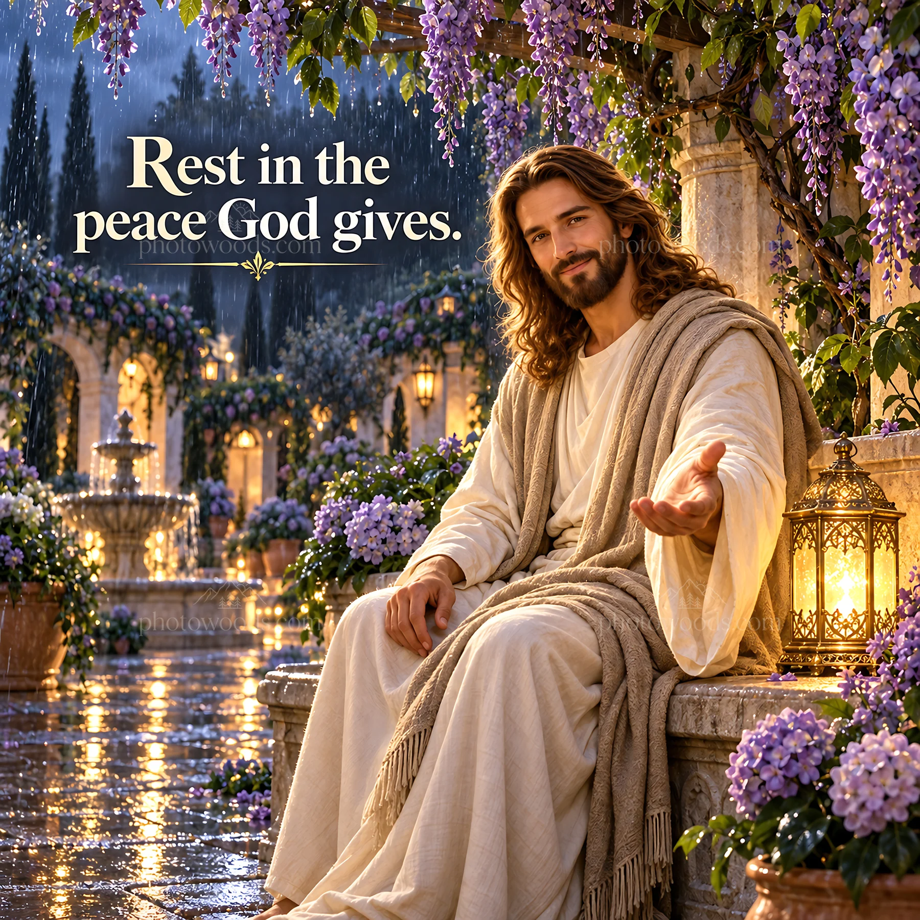 Jesus Christ inviting the viewer in a peaceful garden setting - AI-generated stock image