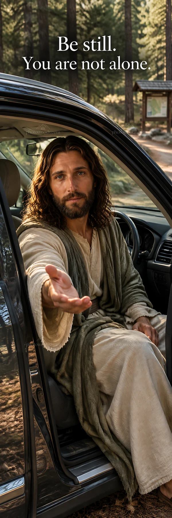 Jesus Christ offering comfort in nature - AI-generated stock image