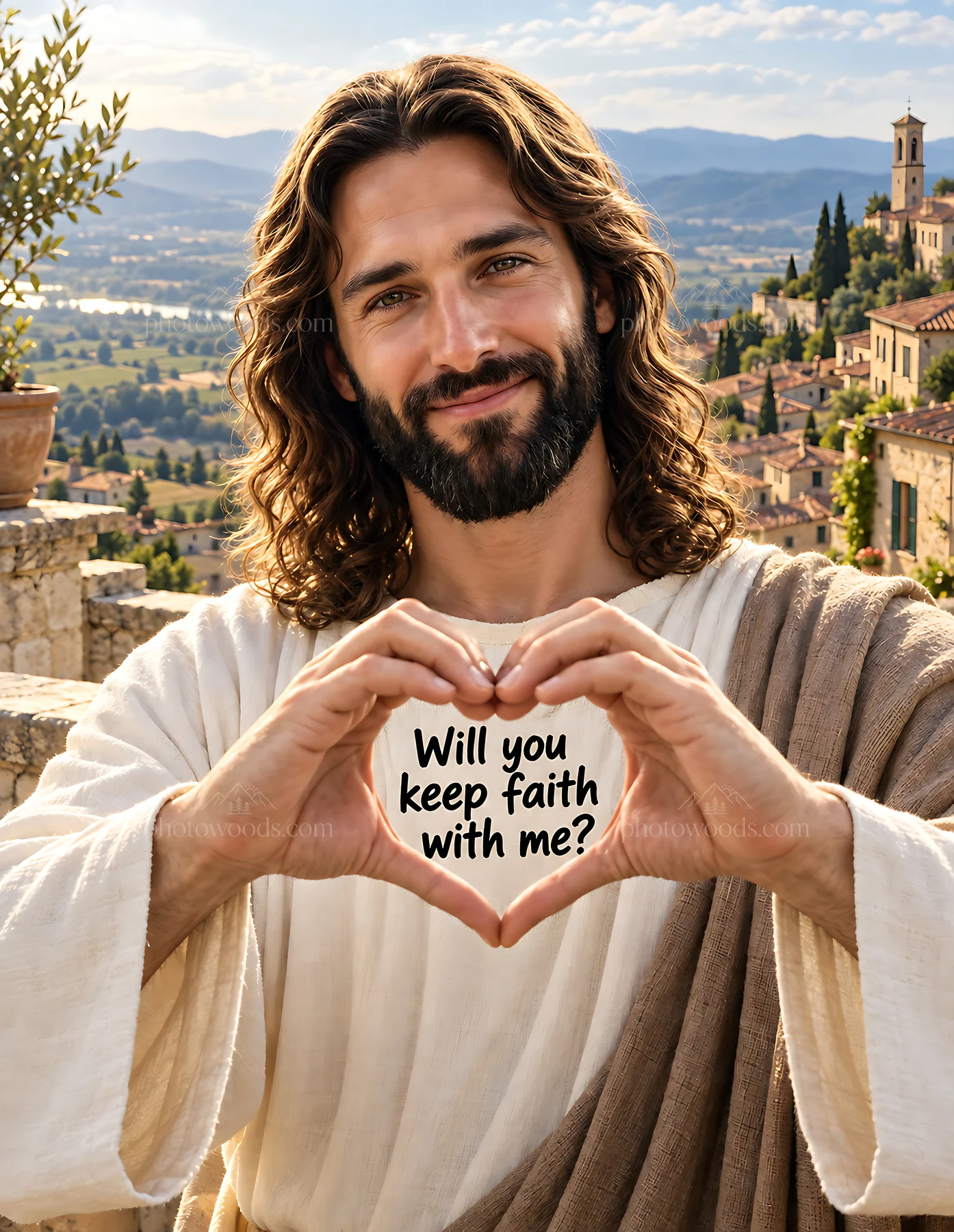 Man making heart shape with hands on a terrace over the valley - AI-generated stock image