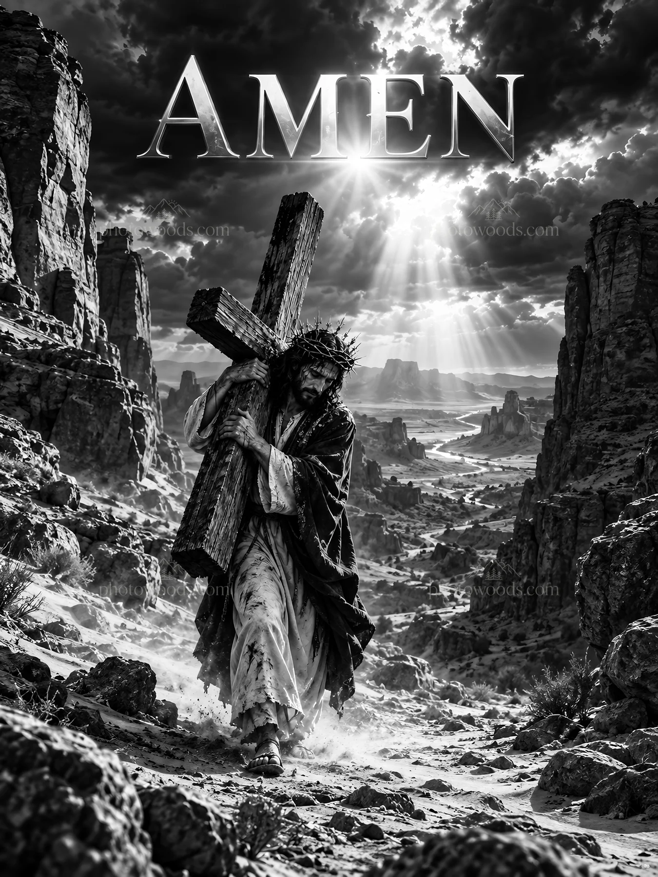 Jesus Christ carrying the cross in a desert landscape - AI-generated stock image