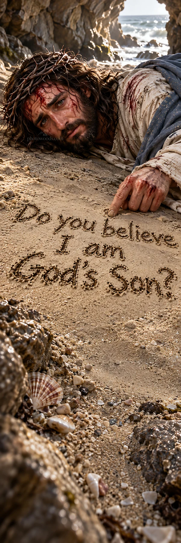 Jesus Christ pointing to words in the sand on a beach - AI-generated stock image