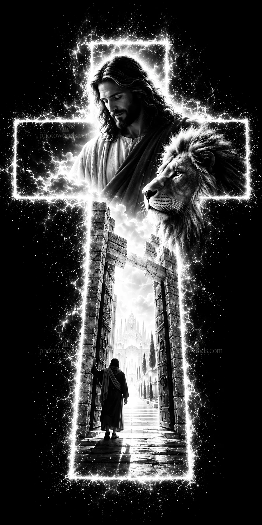 Jesus Christ in cross imagery with lion and gates - AI-generated stock image