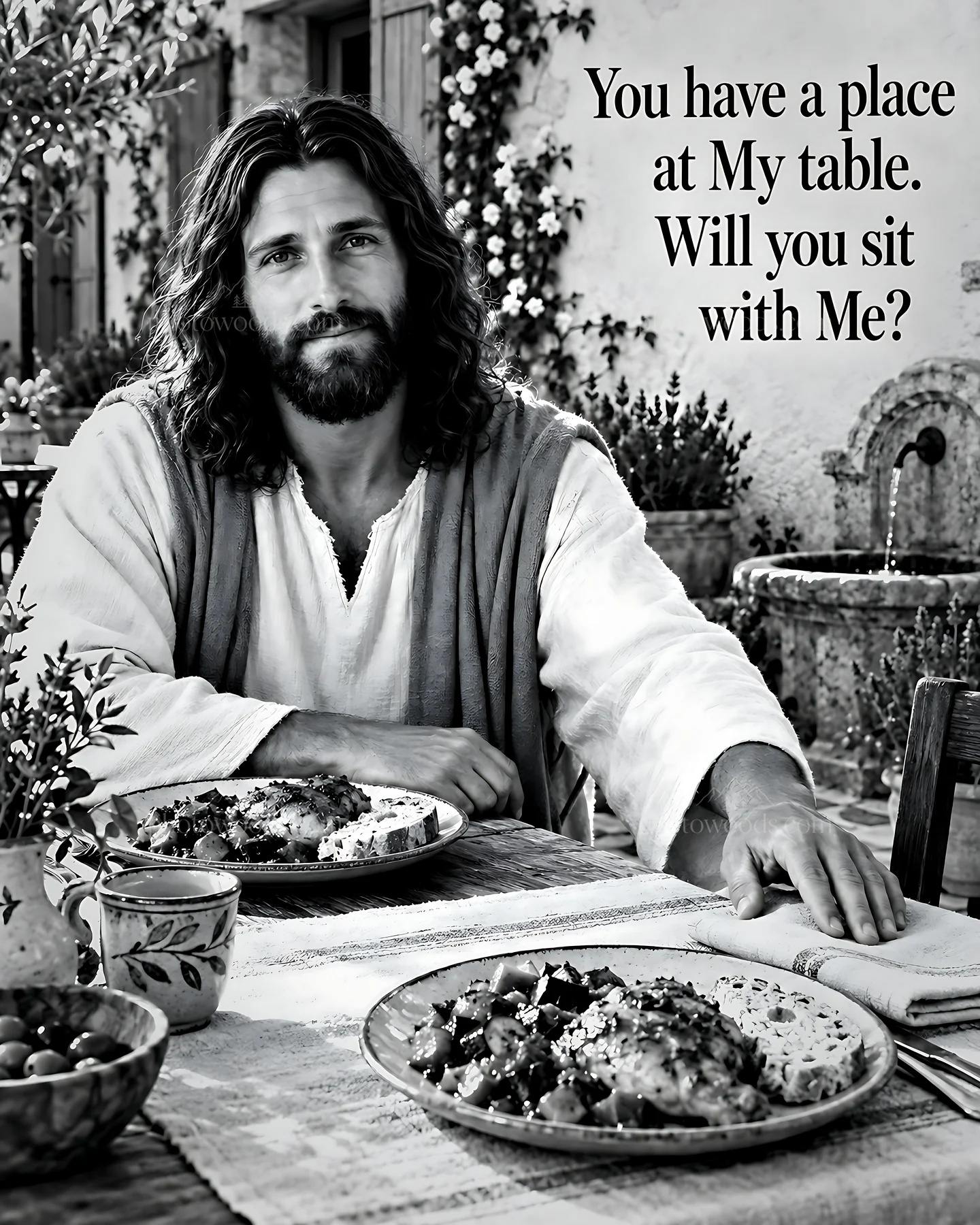 Man sitting at a table with food, inviting others to join - AI-generated stock image