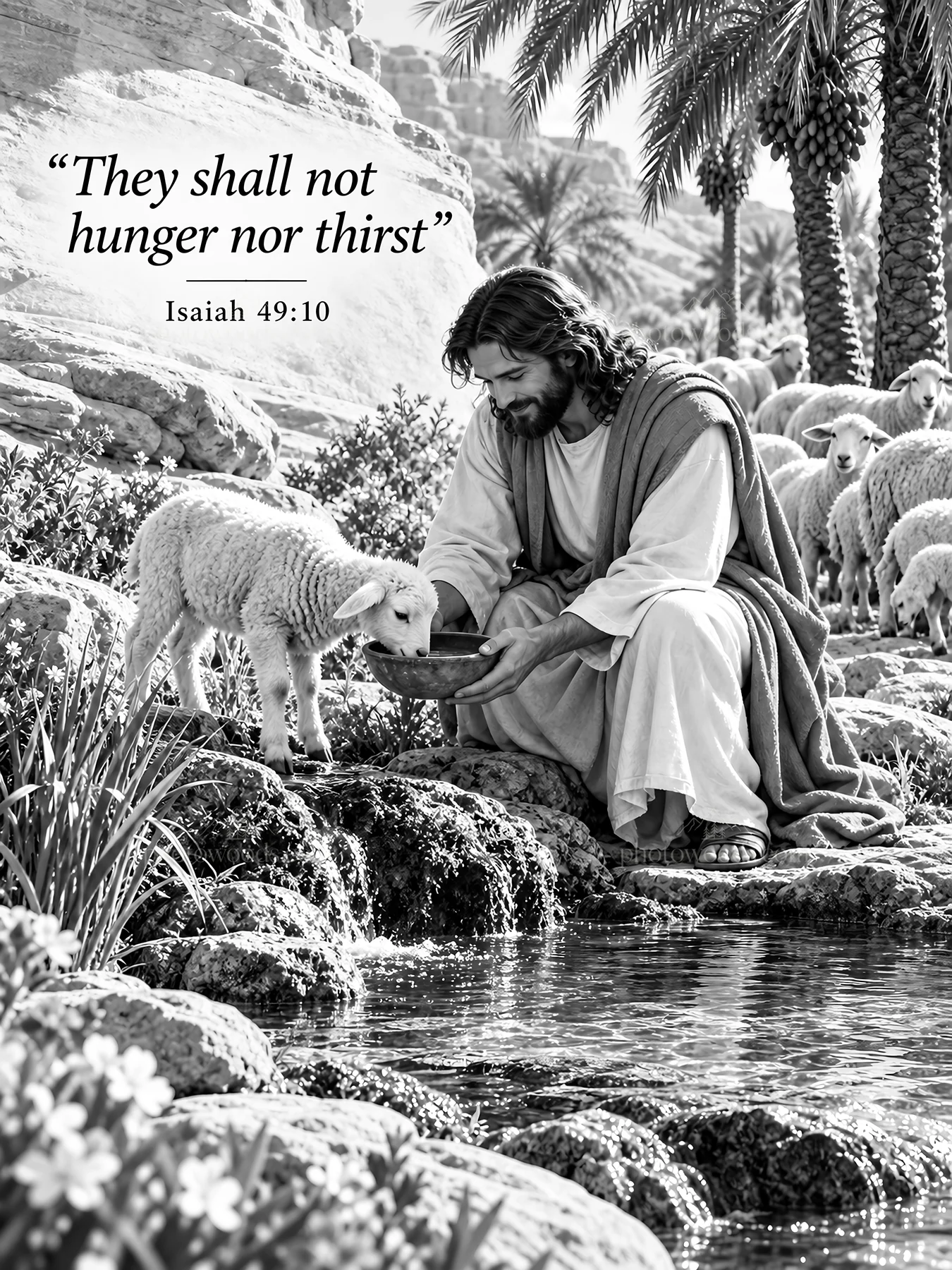 Jesus Christ feeding a lamb by a stream - AI-generated stock image