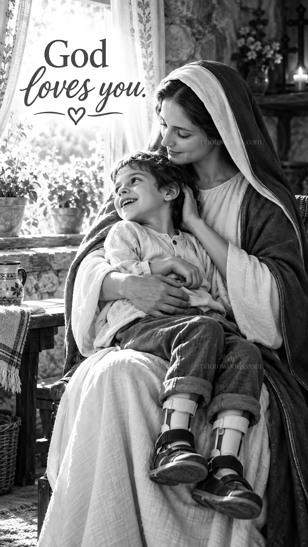 Jesus Christ comforts a child in a warm setting - AI-generated stock image