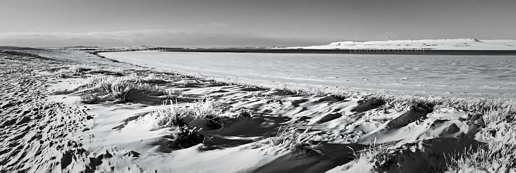 Snowy lakeside meadow with frozen water and dry grass - AI-generated stock image