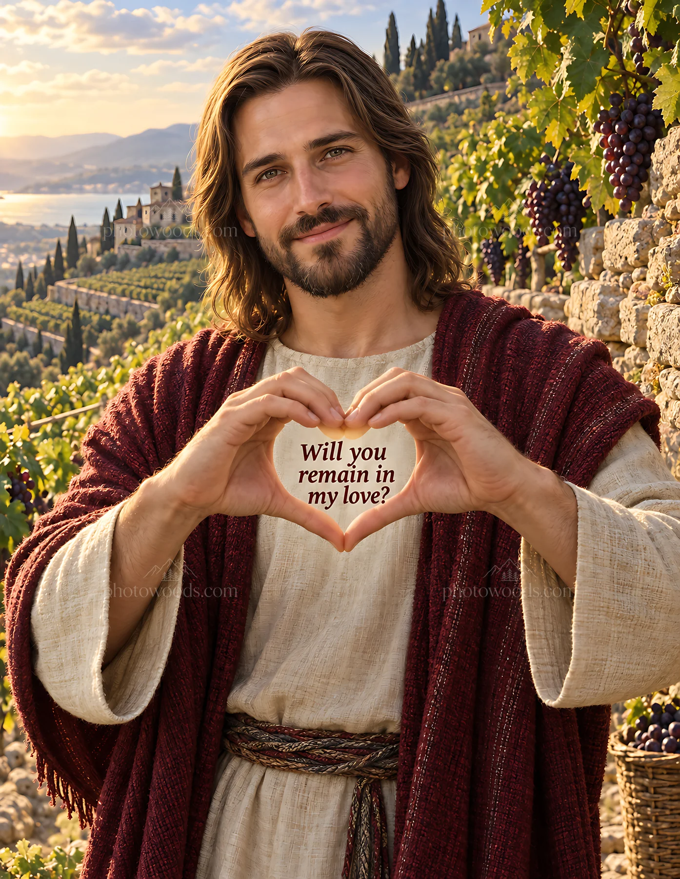 Man in vineyard holding heart-shaped sign - AI-generated stock image