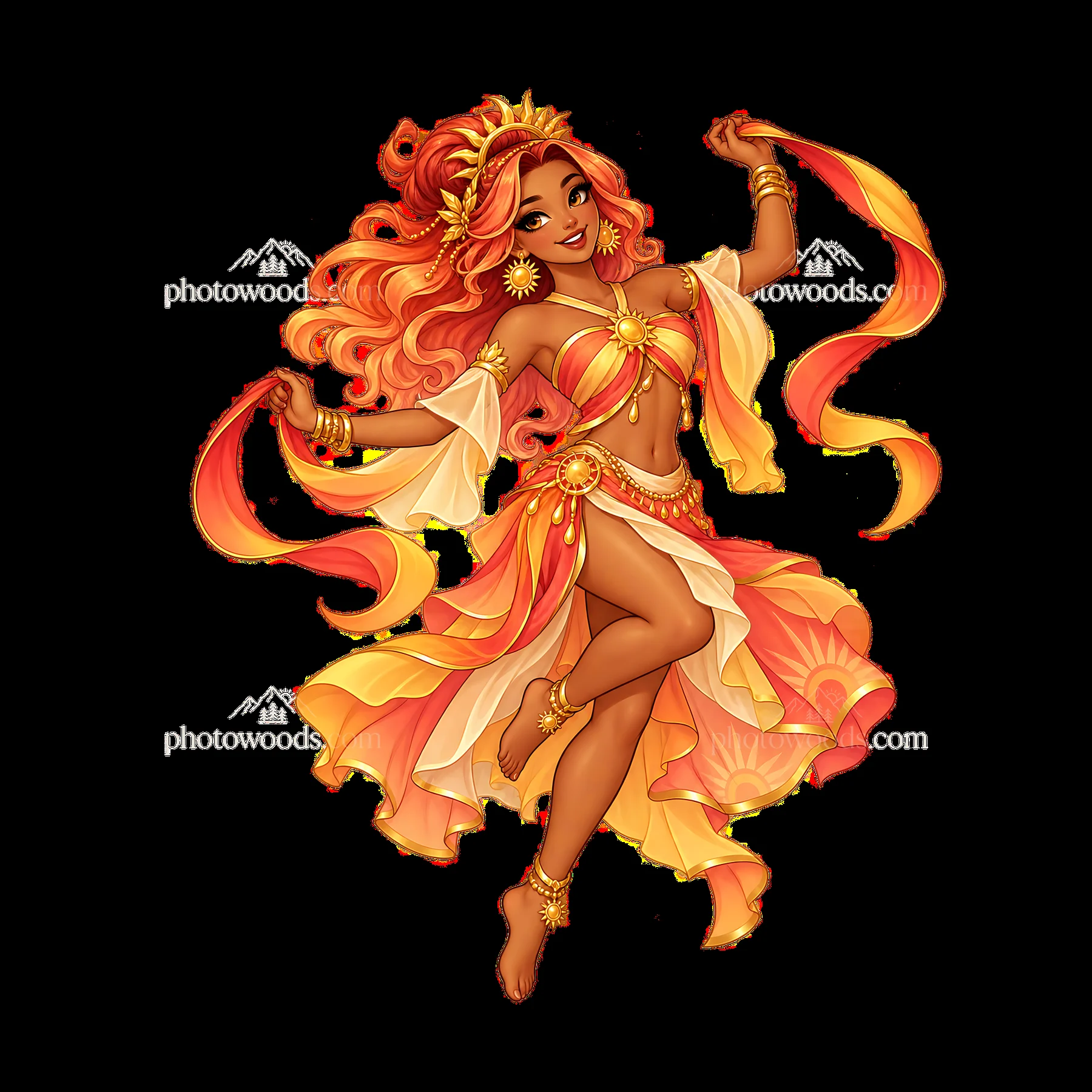 Pagan goddess dancer in orange costume with flowing ribbons - AI-generated stock image